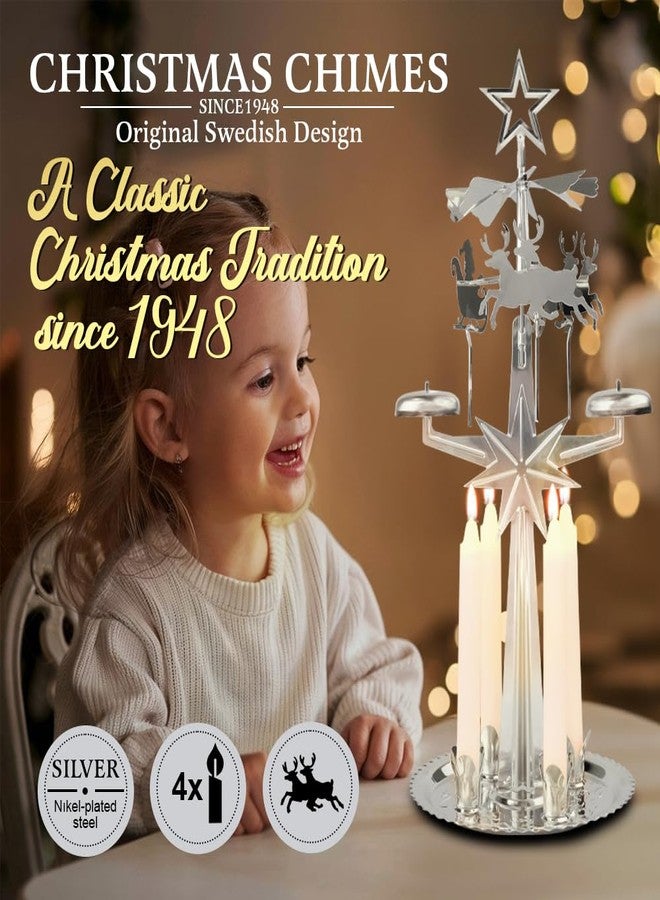 Angel Chimes أجراس عيد الميلاد السويدية الأصلية، مع دوامة دوارة وأربع شموع - أجراس عيد الميلاد الاسكندنافية الدوارة الاحتفالية، أفضل هدية تذكارية منذ عام 1948، ديكورات منزلية - فضي - Image 2